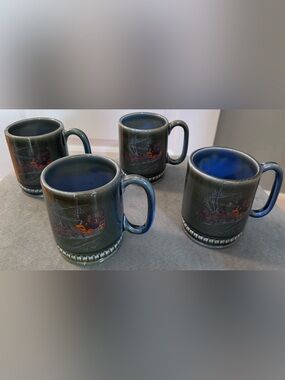 Blue-Gray Irish Porcelain Mugs with Carriage Motif - Set of 4
